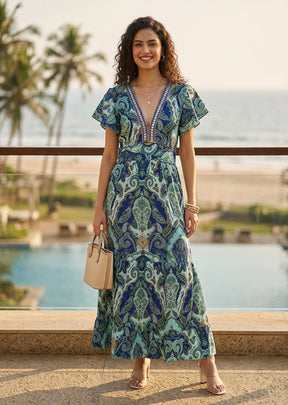 Embroidery V Neck Cotton Long Dress - Sapphire Bloom