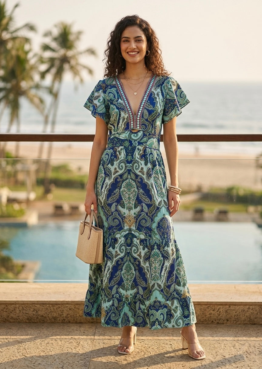 Embroidery V Neck Cotton Long Dress - Sapphire Bloom