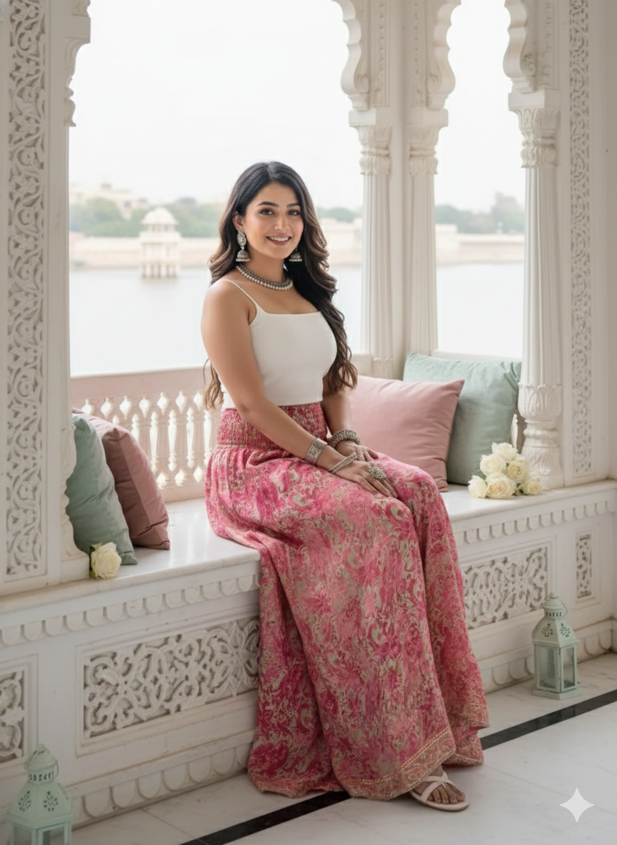 Ruched Belt Boho Printed Trouser - Pink Blush