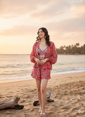 Puff Sleeves Kimono and Shorts Coordinate Set (3 Piece)- Pink Potion