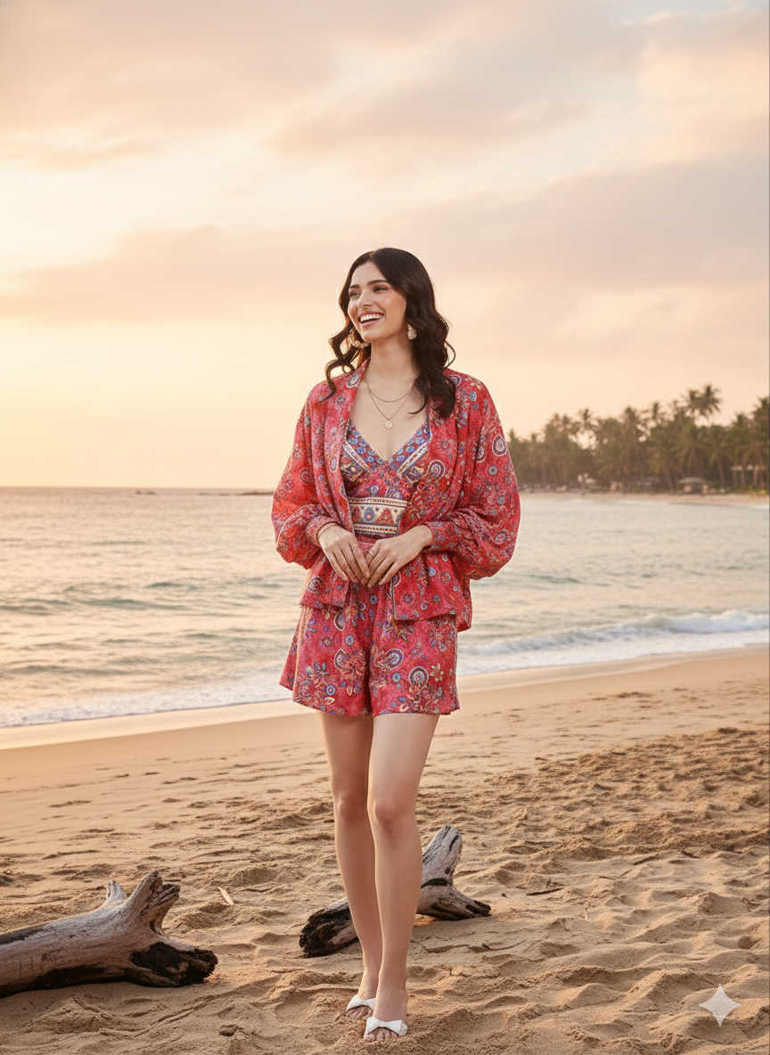 Puff Sleeves Kimono and Shorts Coordinate Set (3 Piece)- Pink Potion