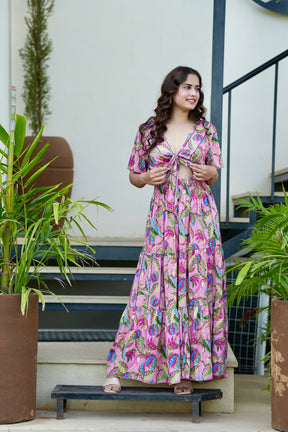 Tie front ruffle hem gold(foil) print featured maxi dress- Candyfloss Smisingbee