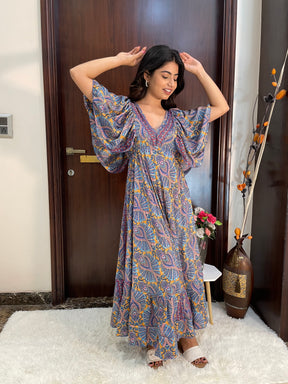 Deep V neck gold (foil) print featured boho maxi dress-Smisingbee