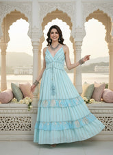 V Neck Embroidery Hand Work Boho Printed Maxi Dress- Bluebell Dusk