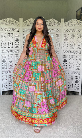 Halter Neck Multi Panel Boho printed Maxi Dress - Rainbow Rhythm