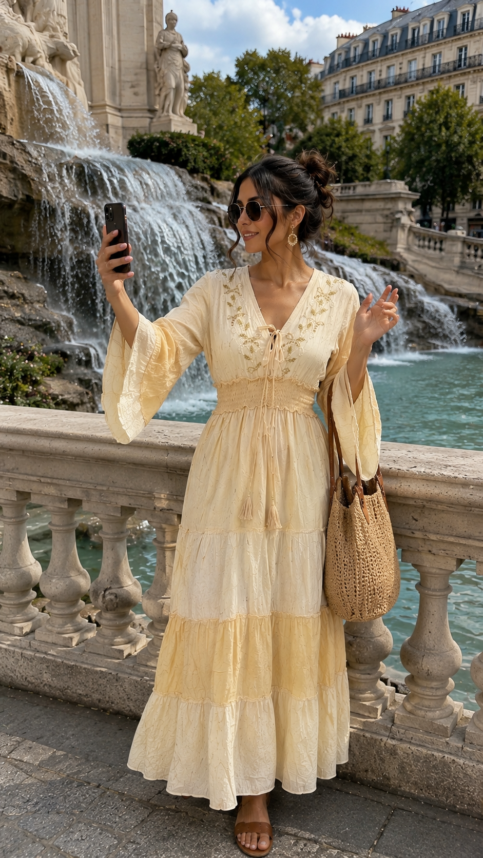 Embroidery Hand Work Bell Sleeves Maxi Dress -     Ivory Serenity
