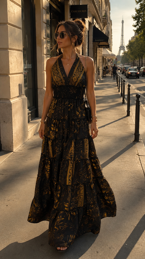 Halter Neck Multi Panel Boho printed Maxi Dress in  ✨ Golden Mirage