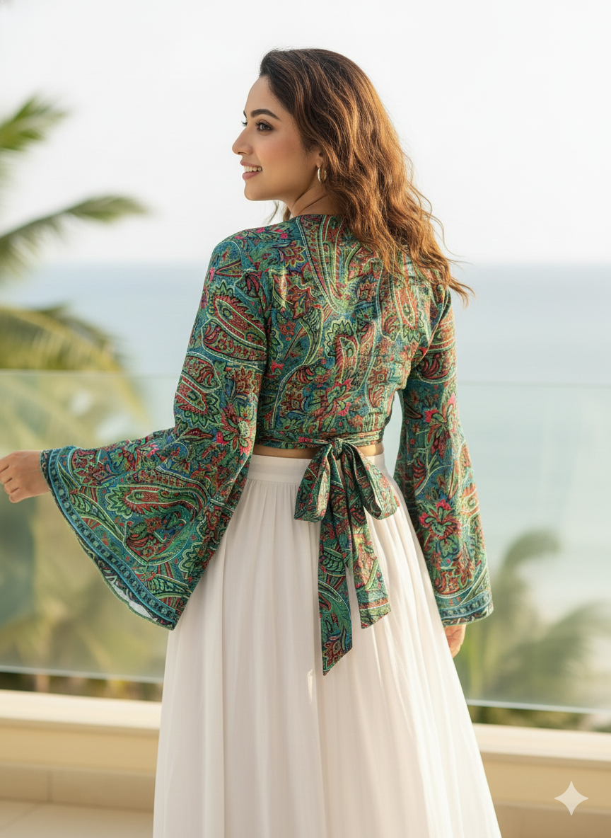 ⭐️Best Seller- Boho Printed Wrap Top- Moss Majesty (TOP ONLY)