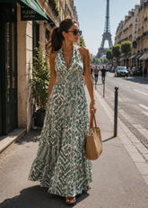 Halter Neck Multi Panel Boho printed Maxi Dress in Sage Serenity