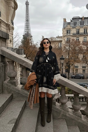 Embroidery Work Bell Sleeves Boho Short Maxi Dress- Twilight Tassel