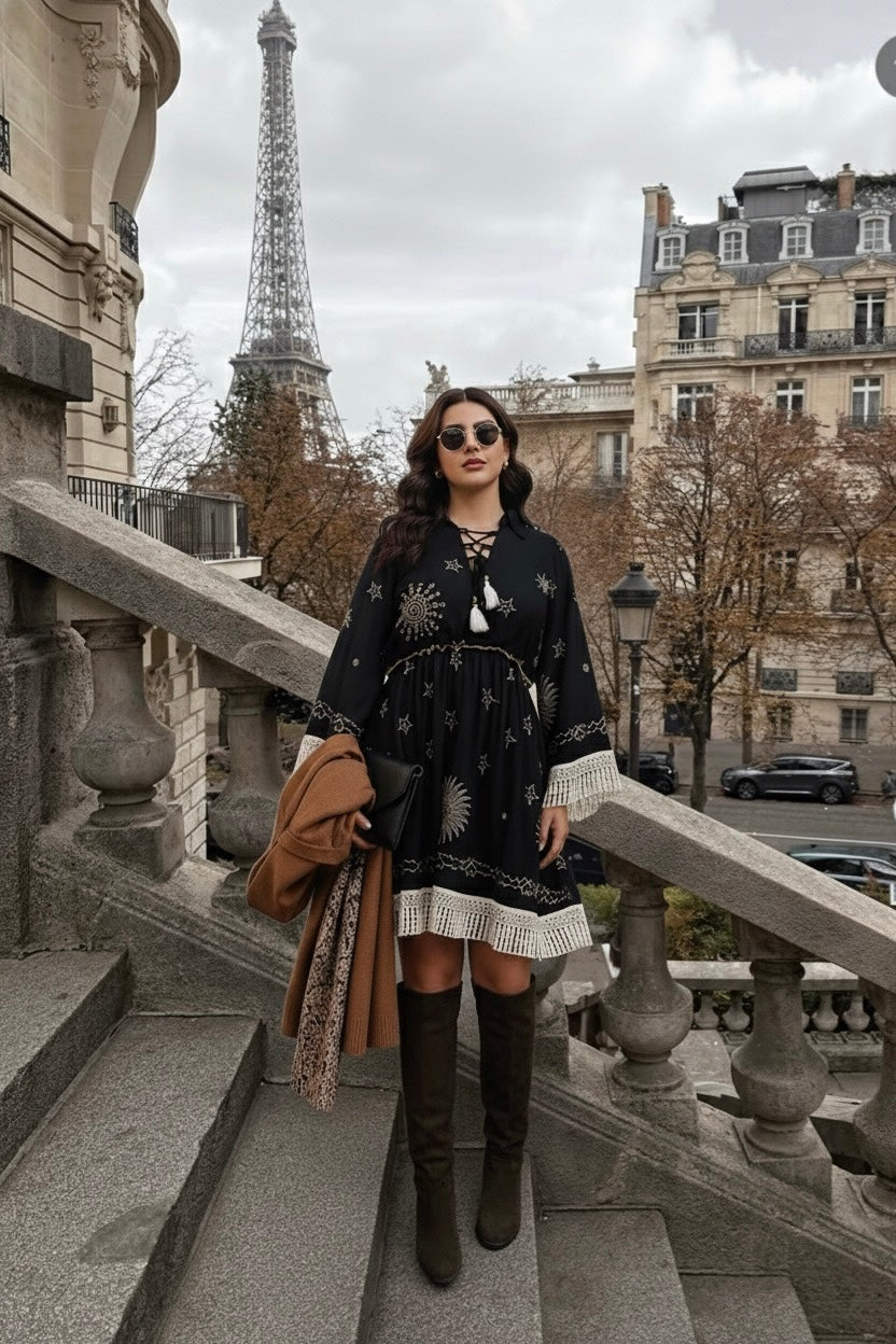 Embroidery Work Bell Sleeves Boho Short Maxi Dress- Twilight Tassel