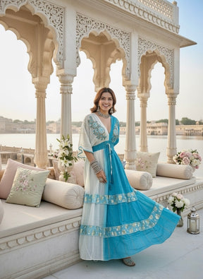 Two Shade Hand Embroidered Kaftan Maxi Dress - Blue