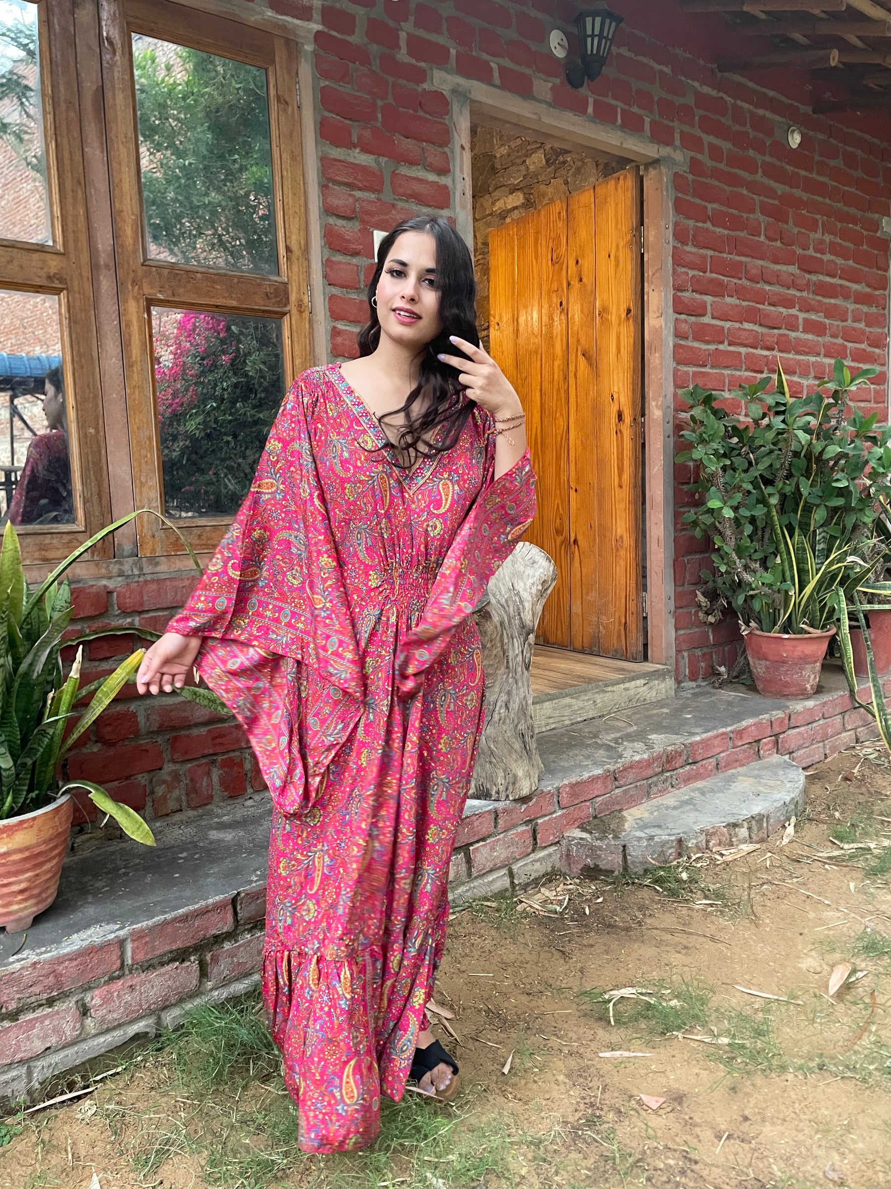 Embroidery Neckline Boho Printed Maxi Dress