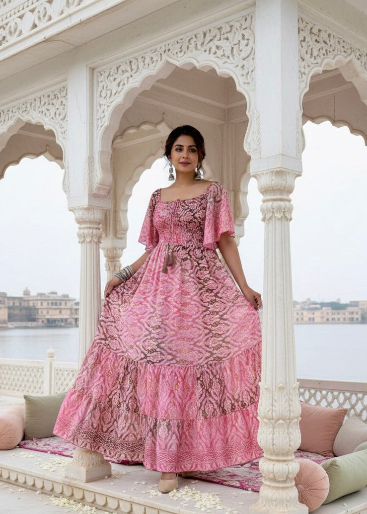 Elasticated Bust Boho Printed Maxi Dress - Pink