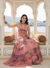 Halter Neck Multi Panel Embroidery Hand Work Boho printed Maxi Dress in Peach Mirage