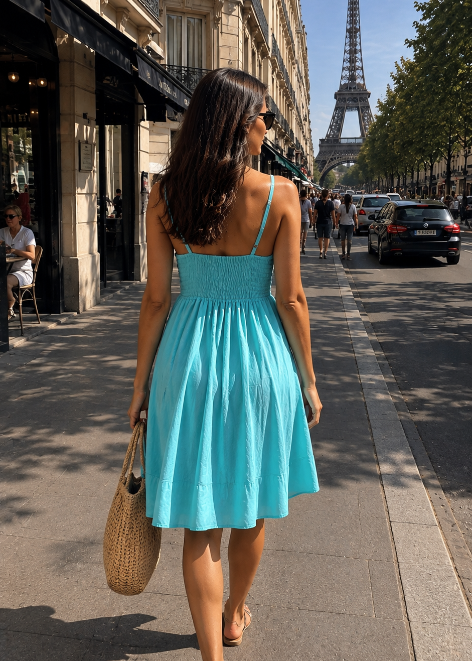 V Neck Embroidery  Work Boho Printed Short Maxi Dress- Azure de Paris Mini 🩵