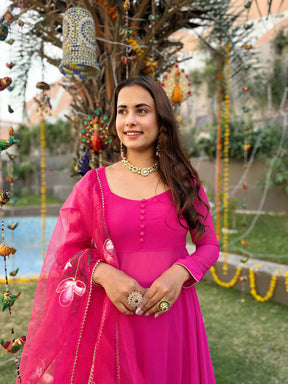 Organza Dupatta Pink Kurta Set