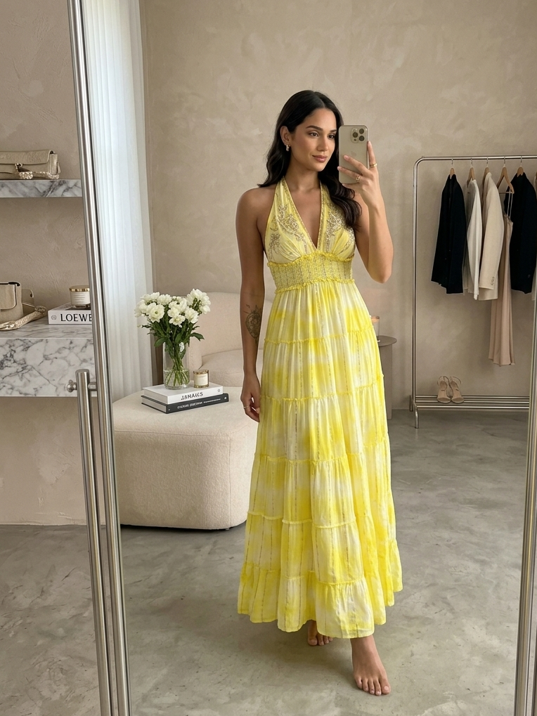 ⭐️Best Seller -Halter Neck Multi Panel Embroidery Hand Work Boho printed Maxi Dress in Lemon Glow