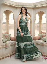 Halter Neck Multi Panel Embroidery Hand Work Boho printed Maxi Dress in Forest Reverie