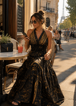 Halter Neck Multi Panel Boho printed Maxi Dress in  ✨ Golden Mirage