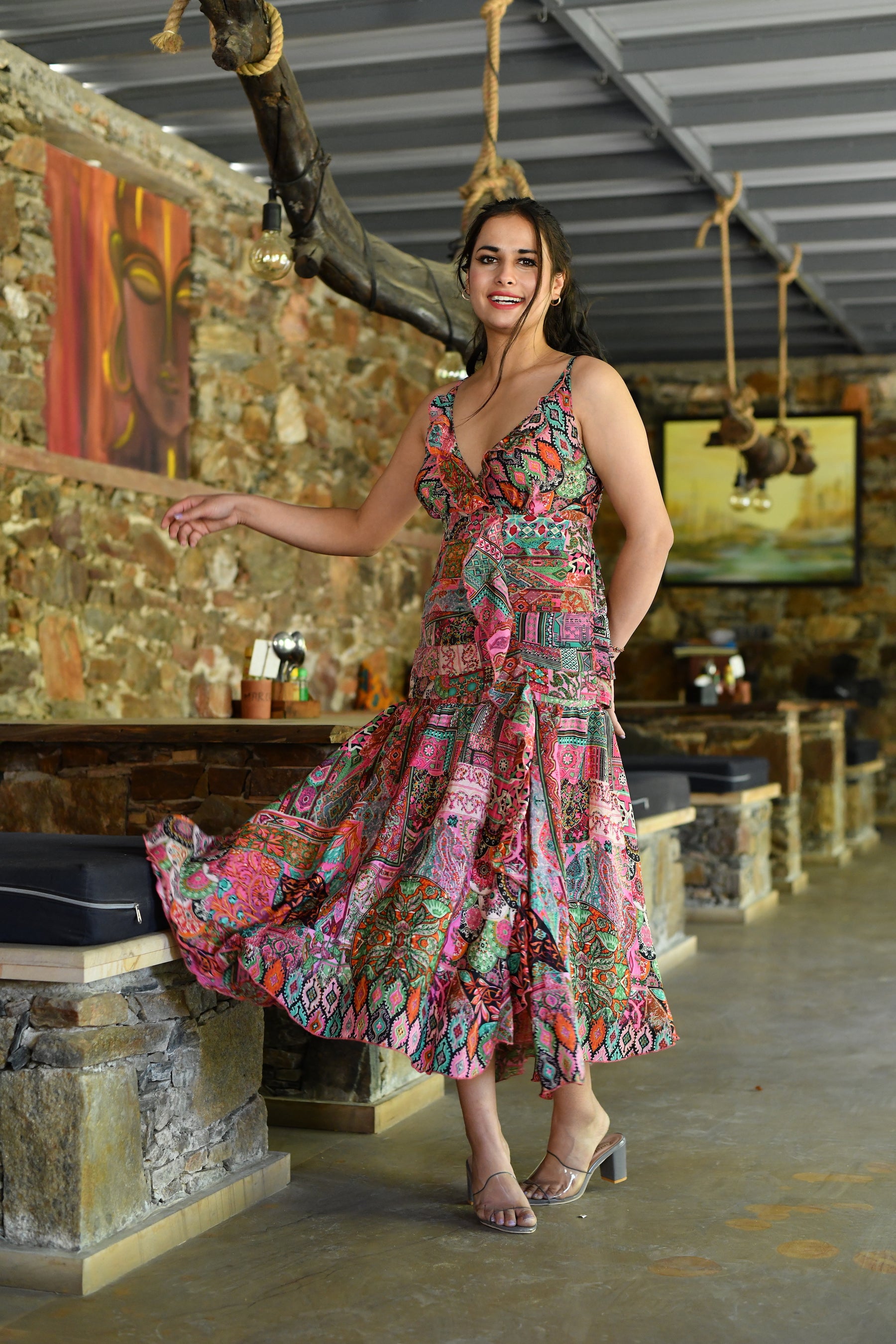 Multi Frill Side Slit Boho Printed Midi Dress - Multicolor