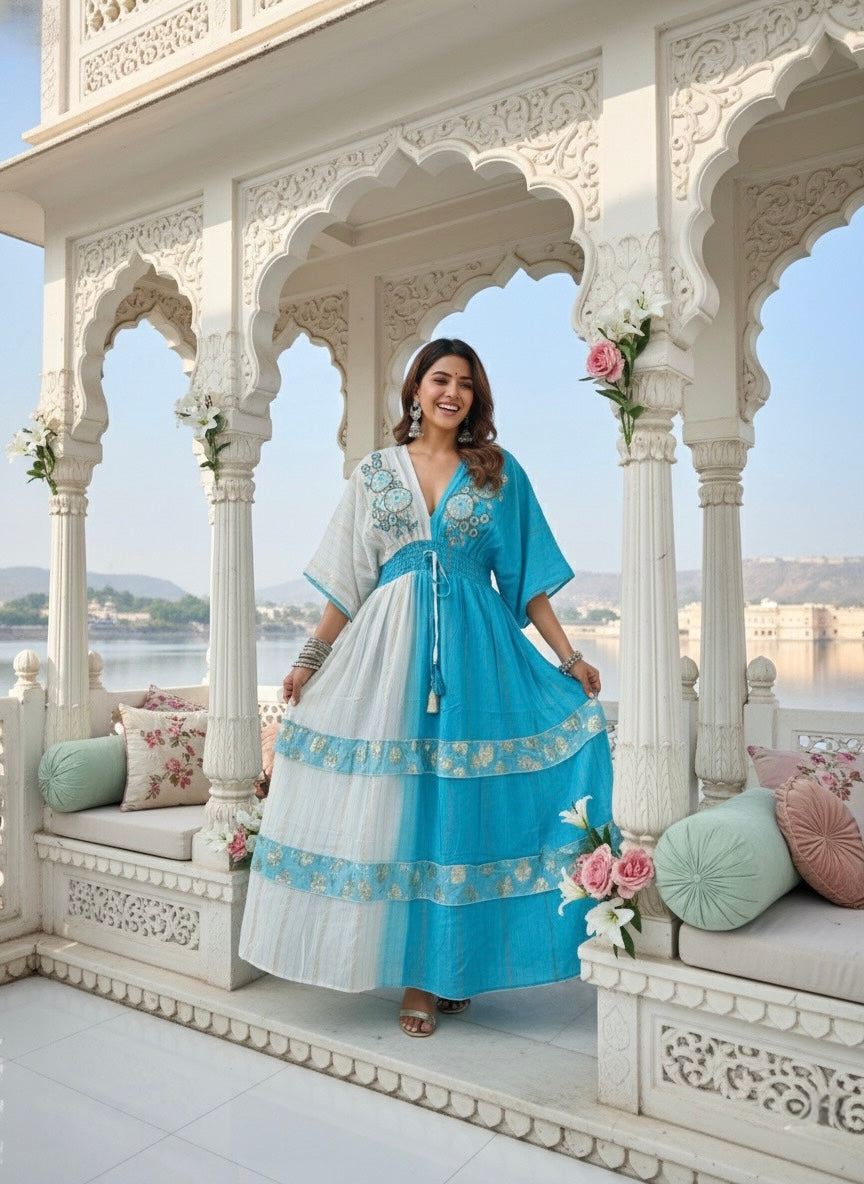 Two Shade Hand Embroidered Kaftan Maxi Dress - Blue