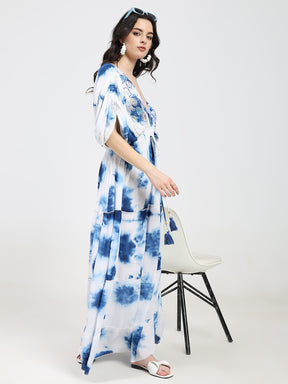 Balloon Pattern Embroidery Boho Printed Hand Work Maxi Dress -Sky High
