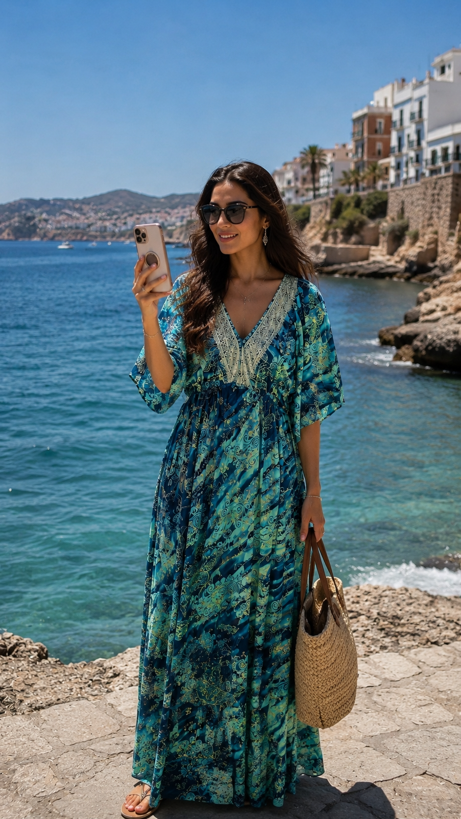 Boho Printed Butterfly Sleeves  maxi dress in Ocean Muse