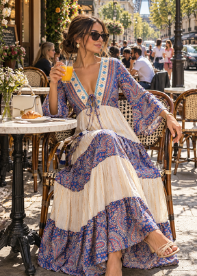 💜Embroidery Hand Work Bell Sleeves Maxi Dress - Bohemian Azure Aura