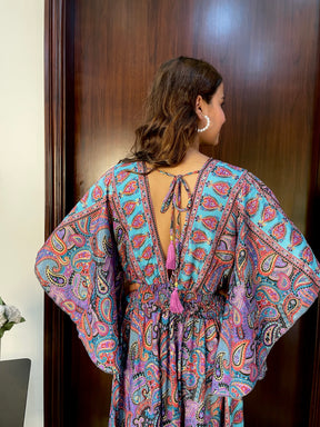 Bell Sleeves Criss Cross Front Boho Printed Maxi Dress -Violet Twilight Whimsy