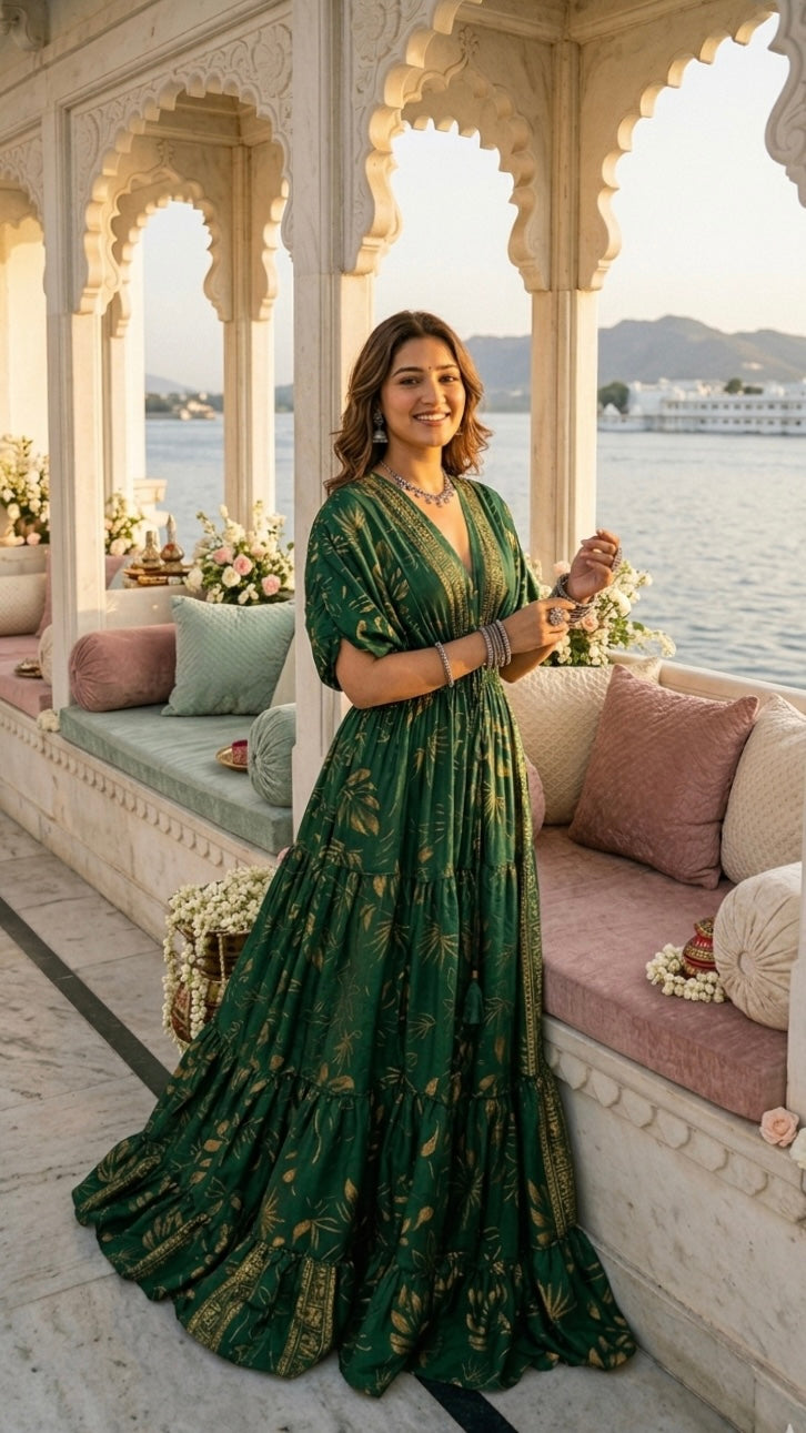 Balloon Pattern Boho Printed Maxi Dress - Royal Forest Glow