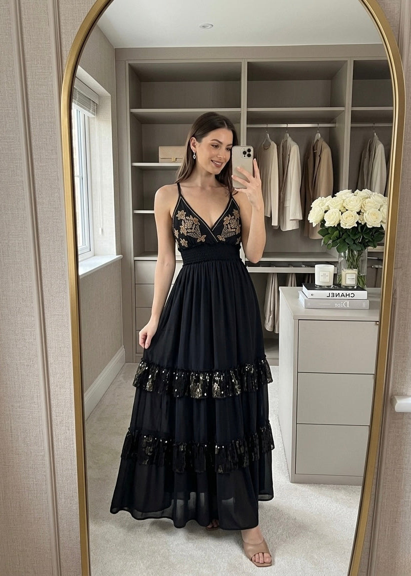 🔥Trending- V Neck Embroidery Hand Work Boho Printed Maxi Dress- Noir Luxe