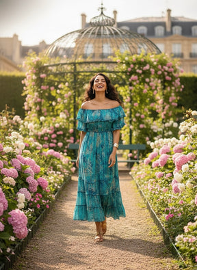 Off- Shoulder Tiered Maxi Dress in Turquoise Radiant