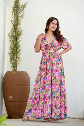 Tie front ruffle hem gold(foil) print featured maxi dress- Candyfloss Smisingbee