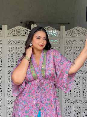 SmisingBee Curve Kaftan Pattern Boho Printed Maxi Dress - Pink Petal