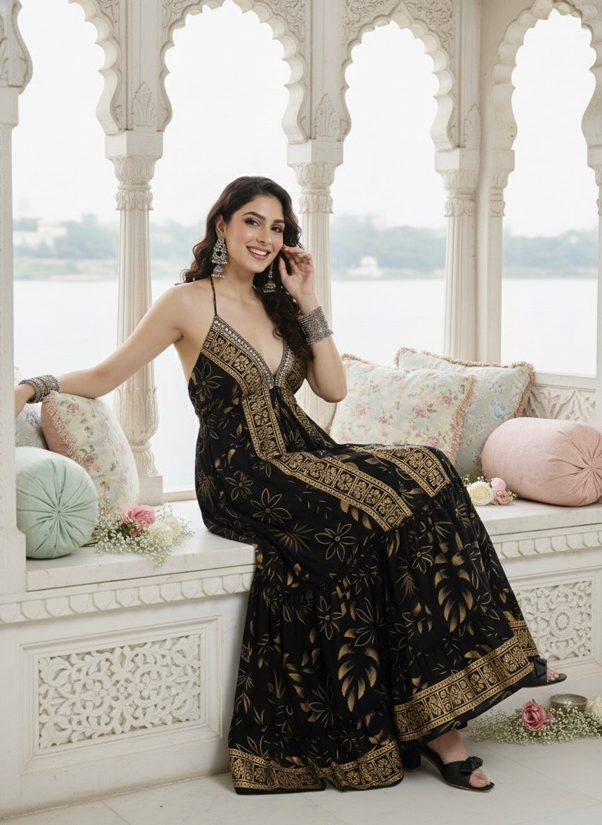 🔥⌛️Low Stock-SmisingBee Tie Back Backless Embroidered Maxi Dress - Golden Mirage