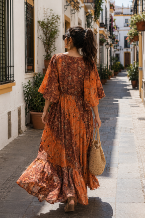 Boho Printed Butterfly Sleeves  maxi dress in Sunlit Gypsy
