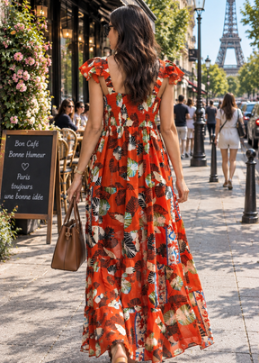 🧡Multi-Tier Deep V Neck Cap Sleeves Lurex Maxi Dress in     Tangerine Flora