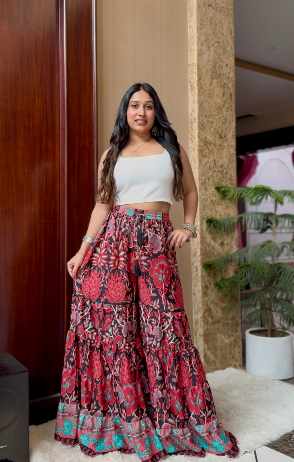 Ruffle Panel Boho Printed Palazzo - Red