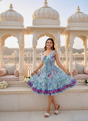 Flair Hem Boho Printed Short Dress - Sky Dreams