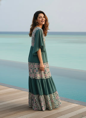 Boho Printed Embroidery Hand Work Butterfly sleeves maxi dress in Mystic Meadow