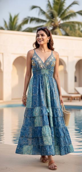 🔥Trending - Two-Shade Azure Boho Maxi Dress