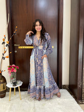 Two shade full sleeves gold(foil)print featured boho maxi dress - Smisingbee