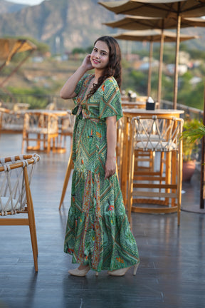 Tie front ruffle hem gold(foil) print featured maxi dress- Garden Smisingbee