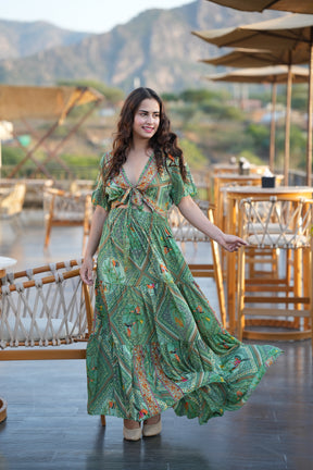 Tie front ruffle hem gold(foil) print featured maxi dress- Garden Smisingbee