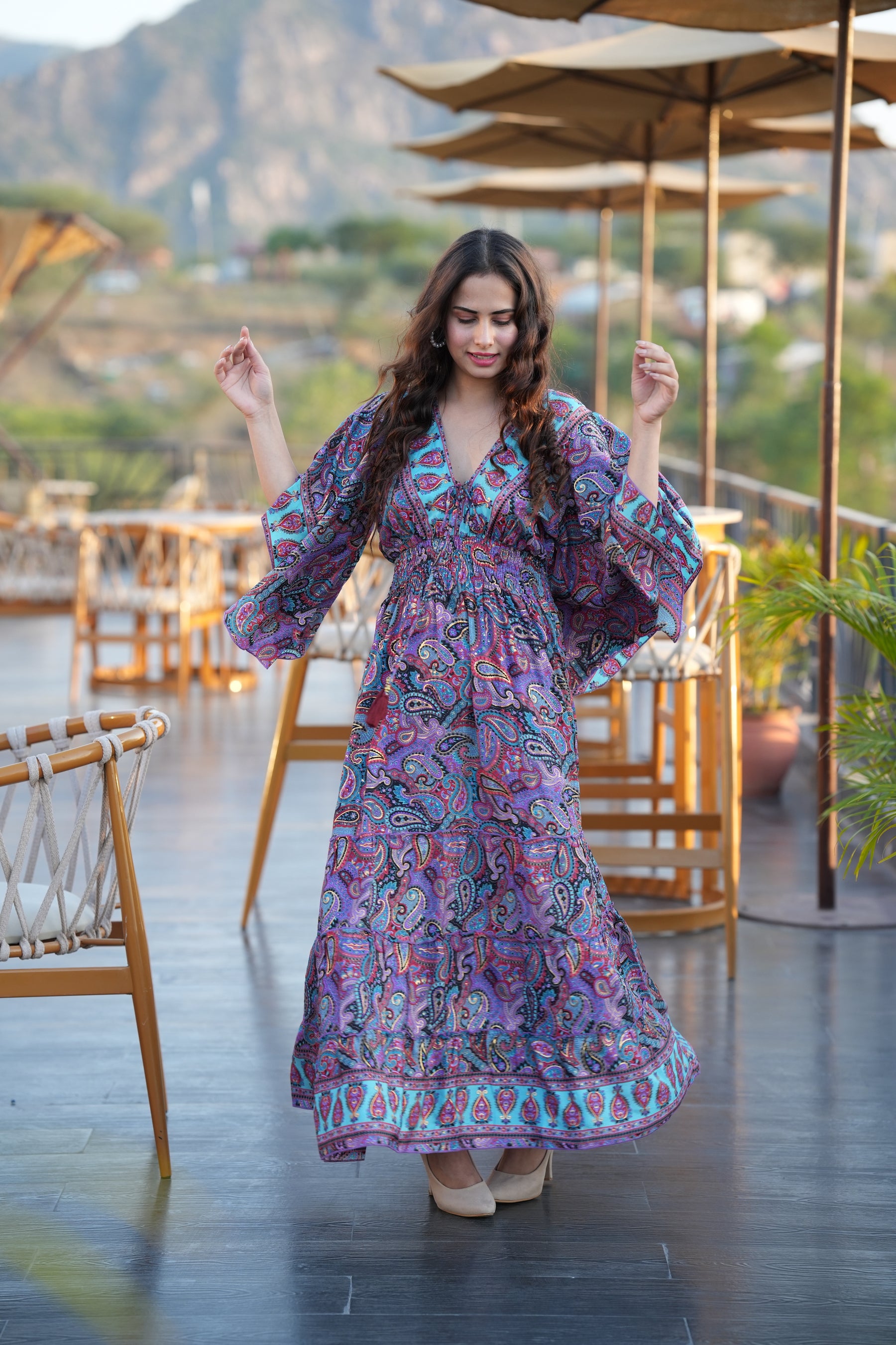 Bell Sleeves Boho Maxi Dress in Grape Teal SmisingBee