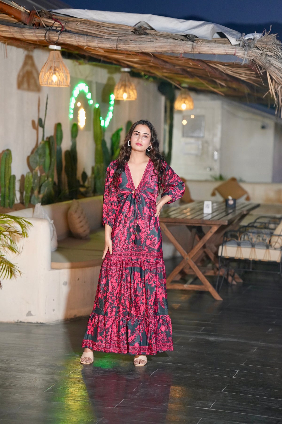 Crimson Balloon Sleeve Maxi Dress