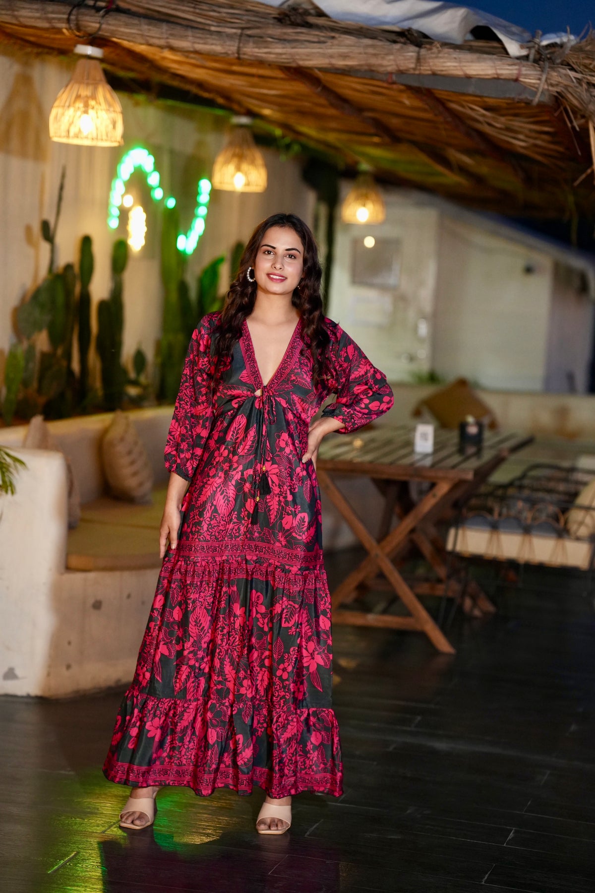 Crimson Balloon Sleeve Maxi Dress