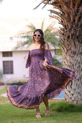 Off- Shoulder Boho Printed Maxi Dress -Bluebell Bliss SmisingBee