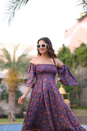 Off- Shoulder Boho Printed Maxi Dress -Bluebell Bliss SmisingBee